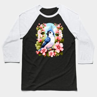 Cute Tufted Titmouse Surrounded by Vibrant Spring Flowers Baseball T-Shirt